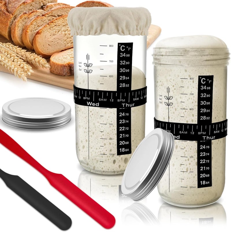 Bowasin Sourdough Starter Jar Glass 2 Pack 34OZ Sourdough Starter Kit Sourdough Jar,Sour Dough Starter Jars with Marked Feeding Band,Scraper, Cloth Cover and aluminum Lid,Large Wide Mouth Jars - Image 1